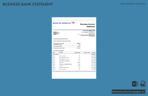 US Bank of America Unternehmenskontoauszug – Beispielvorschau in Word und PDF